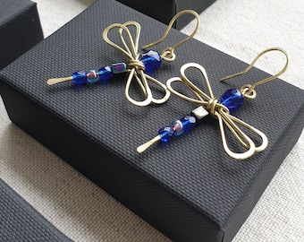 Dragonfly Blue And Gold Earrings, Dragonfly Jewellery Gift, Natural Insects Lover Gift, Symbolic Gift, New Start Gift, Something Blue Gift