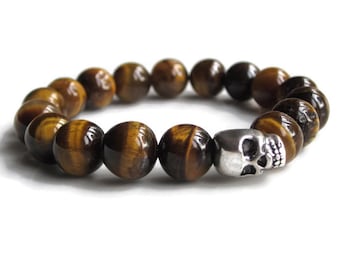 Skull bracelet men, silver skull jewellery for men, mens Skull bead bracelet, mens Tigers Eye bracelet gift, mens gift idea