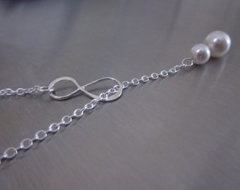 Pearl Infinity necklace, Bridesmaid necklace pearl, bridesmaid gift, Silver Infinity Lariat necklace, jewellery uk