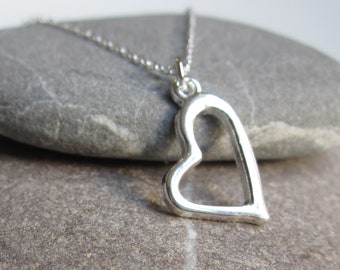 Silver heart necklace, dangling heart pendant, heart jewellery, silver charm necklace