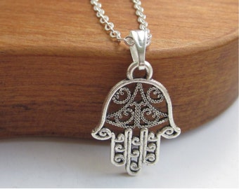 Hamsa hand of Fatima necklace, silver hand pendant, bargain Silver jewellery UK