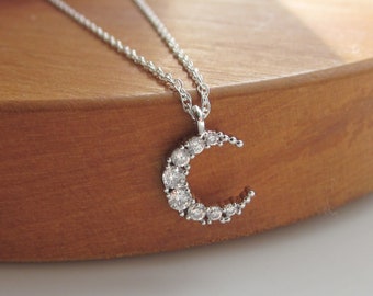Sterling Silver Crescent Moon Necklace, Silver Rhinestone Moon Charm Necklace, Celestial Pendant, Moon Jewellery UK