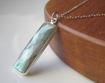 Sterling silver Labradorite bar necklace, long gemstone necklace, labradorite necklace uk, rectangular necklace, long chain pendant
