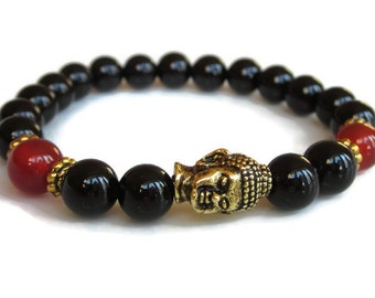 Buddha bracelet, Black onyx carnelian bracelet, black bead bracelet, layering bracelet jewellery