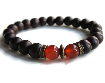 Dark wood carnelian bead bracelet, bronze bracelet with wooden beads and carnelian, stacking bracelets, unisex bracelet