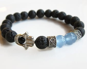 Lava bead bracelet with Aquamarine and Hamsa, March birthstone, protection bracelet, bracelets UK