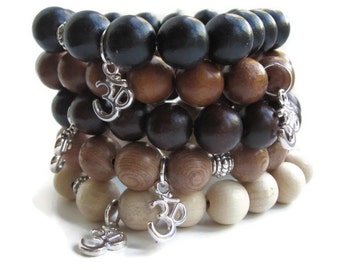 Chunky wood bead bracelet, mens bracelet, wooden beads bracelet, Om bracelet