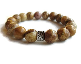 Mens bracelet, mens beaded bracelet, picture jasper bracelet jewellery, mens gift idea