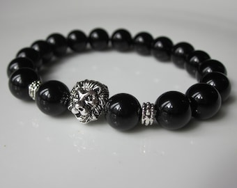 Lion head gemstone bracelet, Black Onyx beaded Bracelet, Mens stretch bracelet, yoga Meditation Jewellery, black beaded jewellery