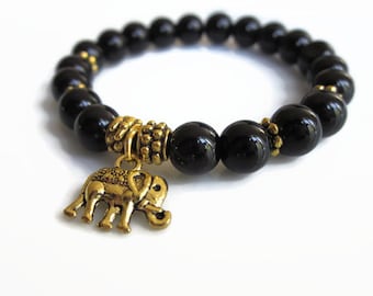 Black Onyx Elephant bracelet, elephant jewellery gift, elephant charm bracelet, British seller UK