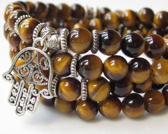 108 Mala, wrist mala bracelet UK, Tigers Eye jewellery, wrap bracelet, meditation bracelet necklace, Buddhist jewellery UK,