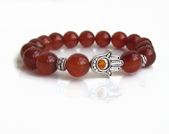 Protection bracelet, Good luck bracelet, Hamsa bracelet, Carnelian bracelet, Sacral chakra, carnelian jewellery, bracelet for men unisex