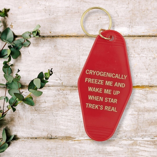 Cryogenically Freeze Me and Wake Me When Star Trek's Real Motel Style Keychain in Red and Gold