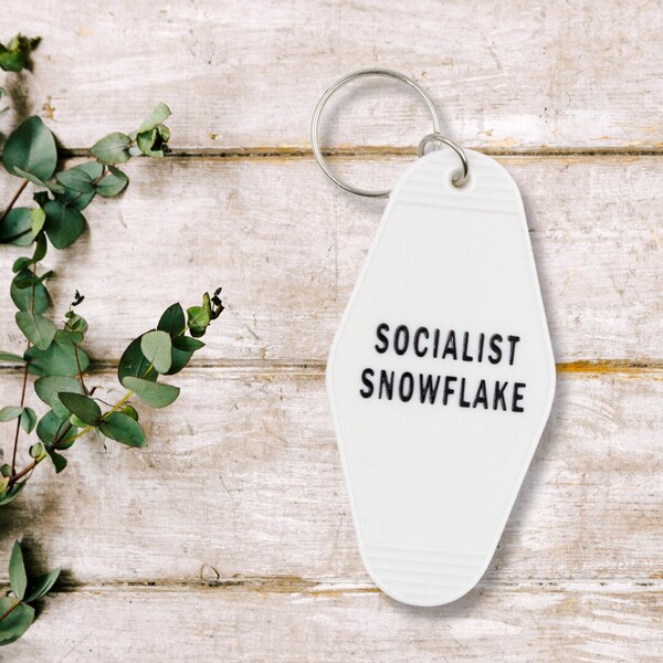 Socialist Snowflake Keychain in Ivory with Black Lettering progressive democratic liberal funny keytag retro