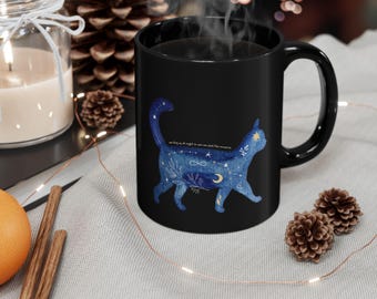 Witchy Cat Lover Celestial Moon 11oz Black Mug We Stay Up Late So We Can Feel the Universe