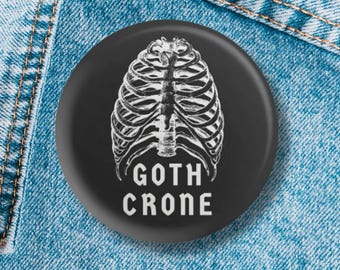 Goth Crone 1.25" Button Pin in Black with Vintage Art | Funny Pinback Button Badge