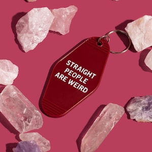 Straight People Are Weird Funny Motel Style Keychain in Dark Red LGBTQIA Gay Pride Gift Key Tag