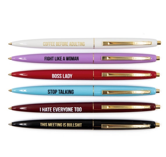 Snarky Boss Lady Funny Pen Set Feminist AF Gift Set of 6 Stop Talking,  Meeting is Bullshit, Coffee Before Adulting Clic Pens 