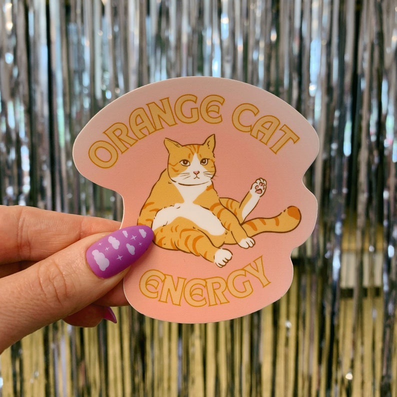 May include: Orange cat energy sticker with a cartoon orange tabby cat sitting on a pink background. The sticker is shaped like a cloud and has the text "Orange Cat Energy" in a retro font.
