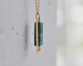 Turquoise Stone Gold Square Pendant Necklace - Long chain - Perfect for layering - Simple Minimalist Geometric Bar - Green Blue - Bar