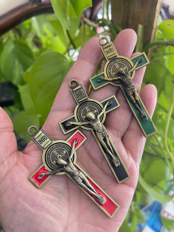 Enameled Saint Benedict Crucifix: Large Bronze Exorcism Pendant