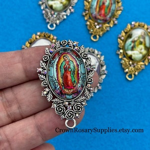 Our Lady of Guadalupe Rosary Centerpiece CAMEO | Ornate Domed Glass Cameos in Crystal Settings, Rosary Findings Parts |