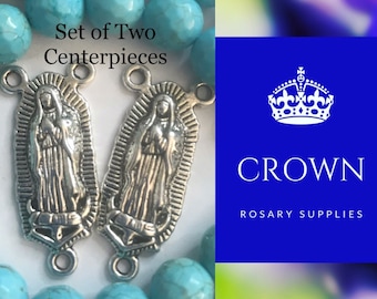 Our Lady of Guadalupe Rosary Centerpiece: Antique Silver Pewter, Set of 2