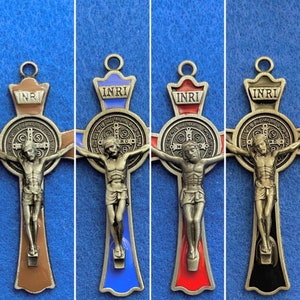 Steel Gray AMAZING St Benedict Steel Silver Gray Protection Large 3-Inch ENAMELED Crucifix Four Colors to Choose Crucifix