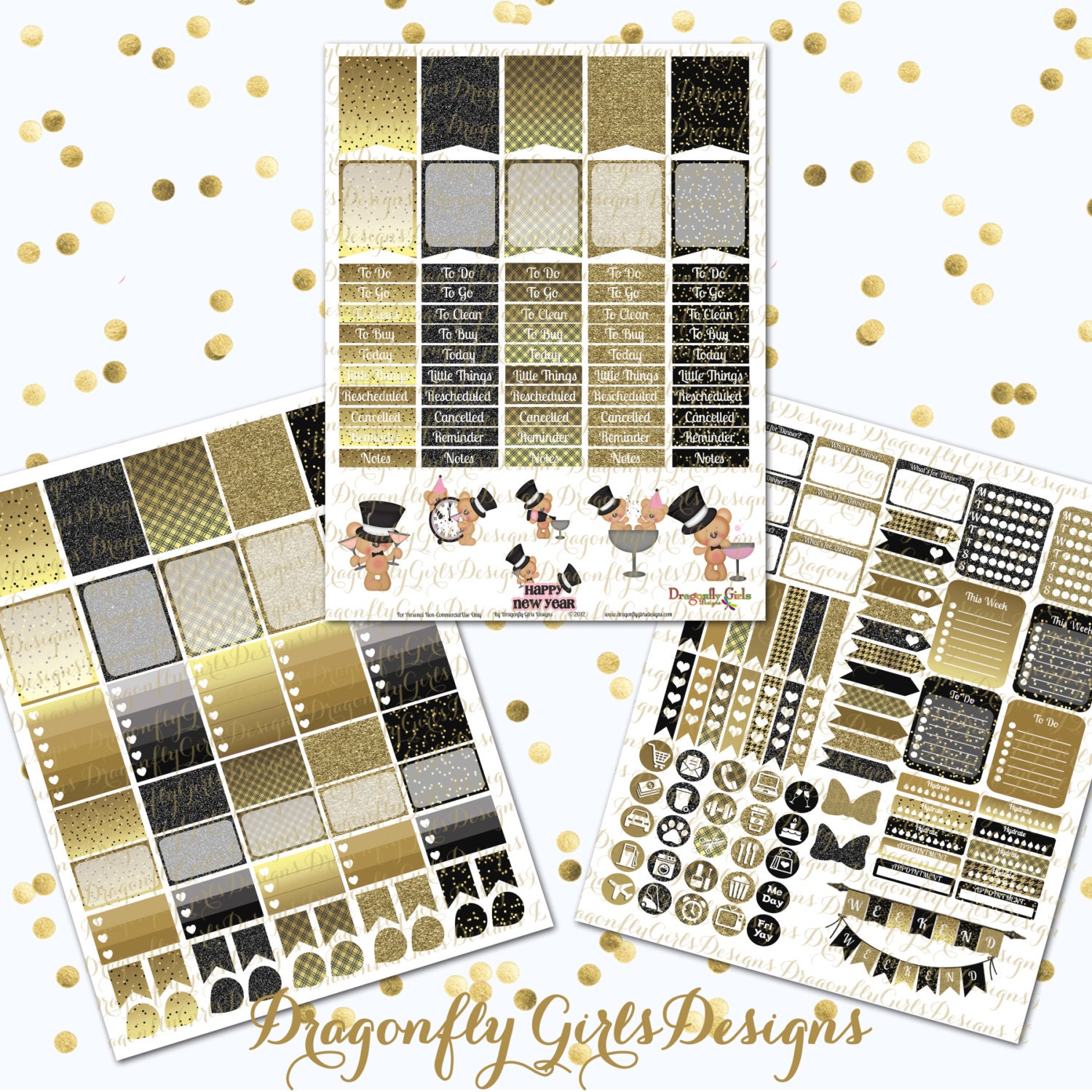Big Happy Planner NEW YEAR Stickers Kit, Printable New Year Planner Stickers,  Great Gatsby New Year's Eve Planner Kit, Black and Gold, BW111 