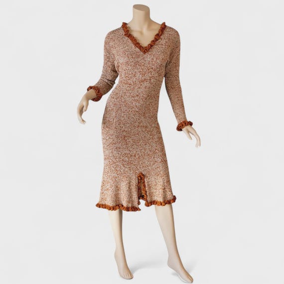 70s Vintage Metallic Copper & Cream Knit Sweater Dress with Ruffle Detail * S/M