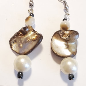 Brown Mother of Pearl Shell Faux Pearl Dangle Earrings