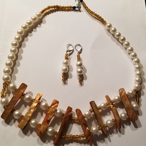 Iridescent Brown Mother of Pearl Faux Pearl Bib Necklace Earring Set