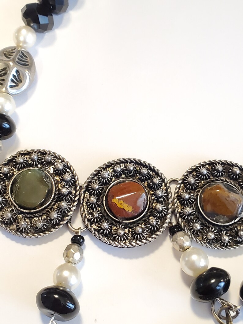 Up Cycled Vintage Black Bead Agate Gemstone Silver Tone Metal Necklace