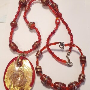 Red Gold Murano Glass Pendant Red Glass Lampwork Beads Hand Blown Venetian  Necklace Bracelet  Set