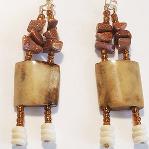 Brown Bone Goldstone Gemstone Hesihi Beads Dangle Earrings