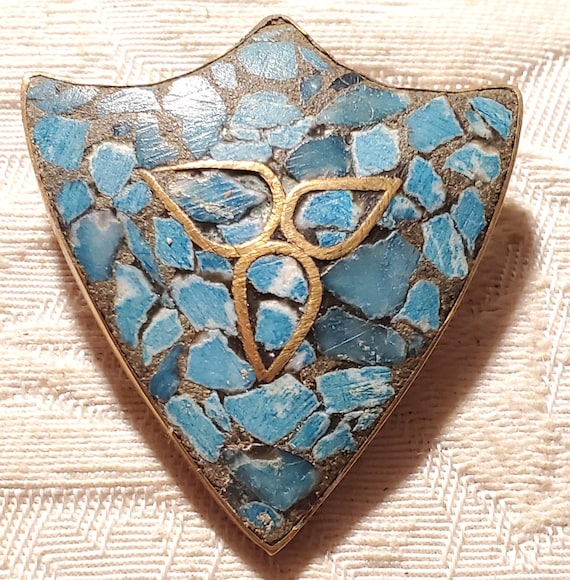 Tibetan Brass Turquoise Gemstone Inlay Mosaic Pend