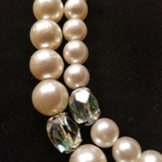 Vintage  Faux Pearl Double Strand Rhinestone Chok… - image 3