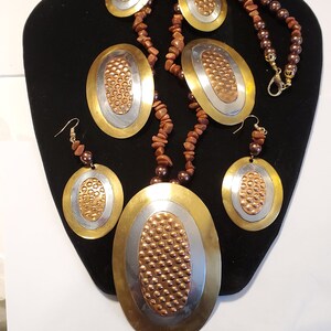 Vintage Triple Metal Brass Copper Steel Up-Cycled Pendant Goldstone Gemstone Bronze Faux Pearls Necklace Earrings Set