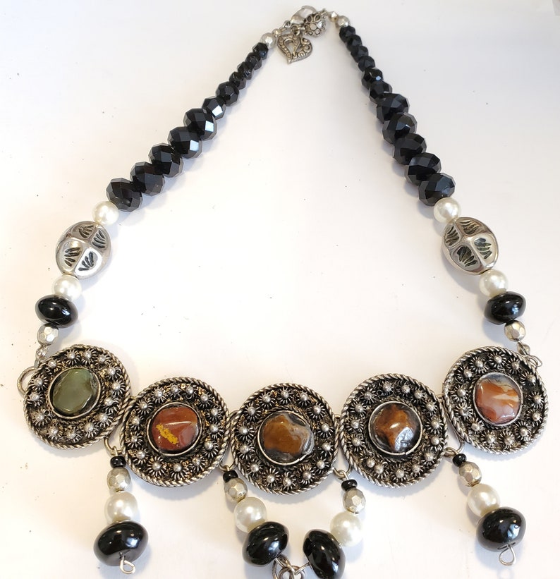 Up Cycled Vintage Black Bead Agate Gemstone Silver Tone Metal Necklace