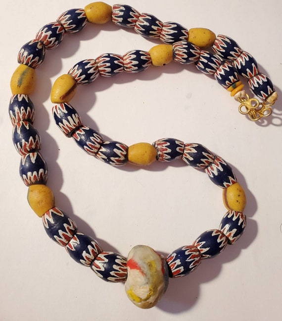 Kente TradeWinds Necklace, blue yellow burgundy Kumihimo/ beaded braids/ Krobo  beads/ antique Millefiore trade beads/ Japanese Toho beads