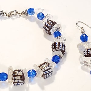 Handcrafted African Trade Blue Bead Clear Crystal Chip Bead Bracelet Earring Set