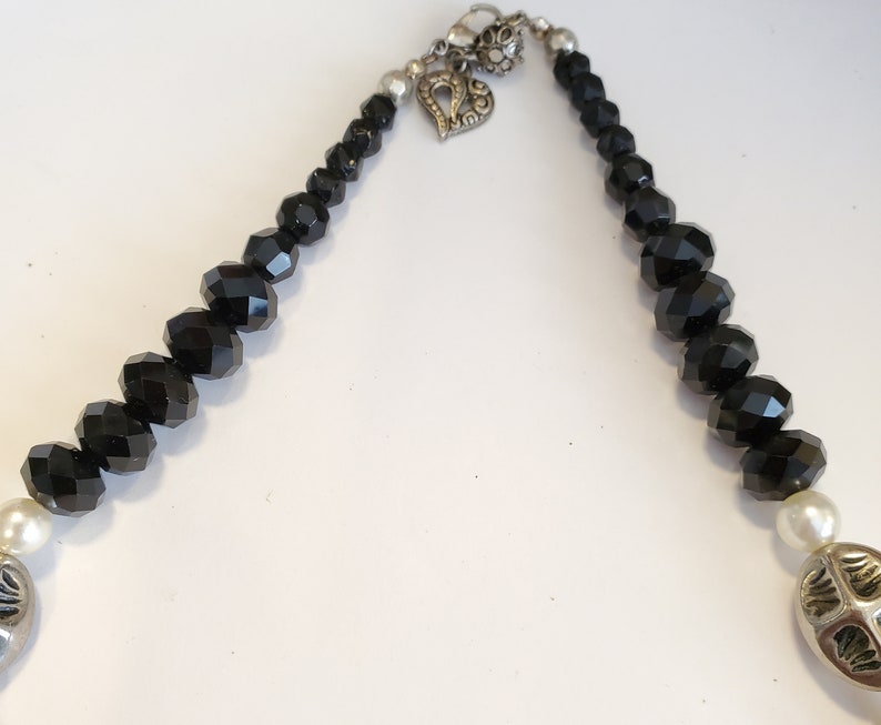 Up Cycled Vintage Black Bead Agate Gemstone Silver Tone Metal Necklace