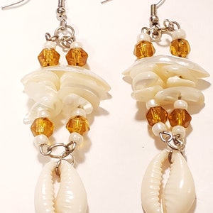 Cowrie Shell Mother of Pearl Shells Brown Glass Dangle Earrings