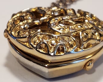 Gold Tone Rhinestone Heart Filigree Watch Pendant Necklace