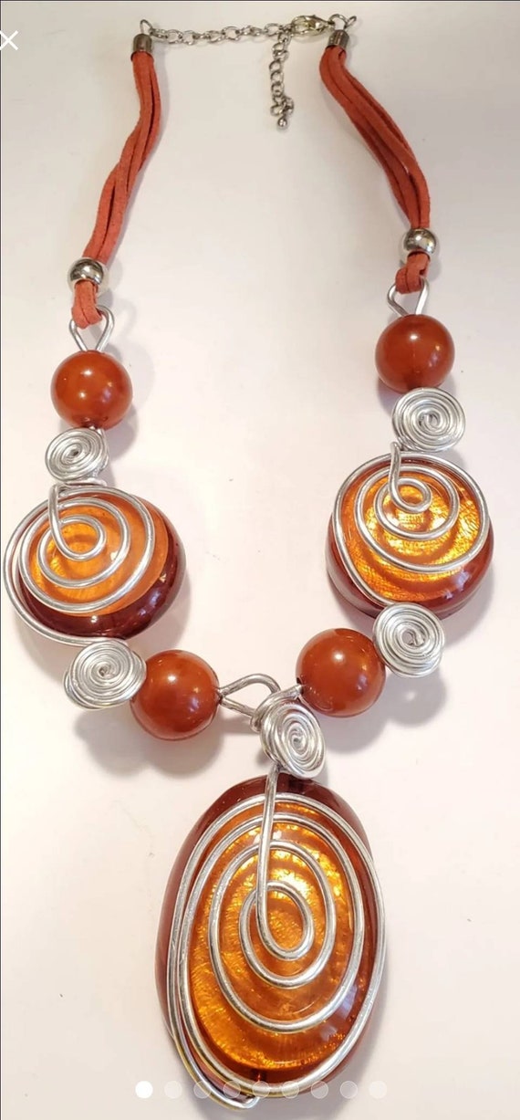 Orange Lucite Silvertone Wire Wrap Necklace