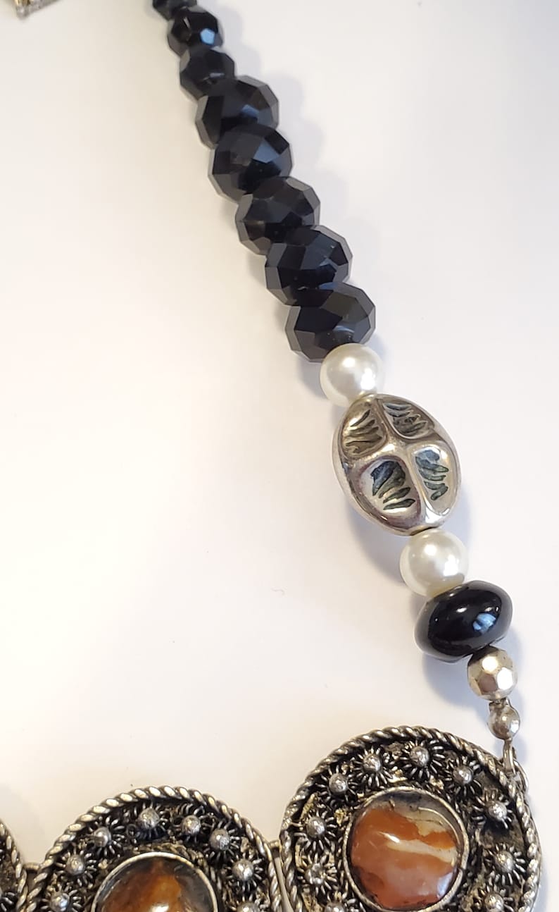 Up Cycled Vintage Black Bead Agate Gemstone Silver Tone Metal Necklace