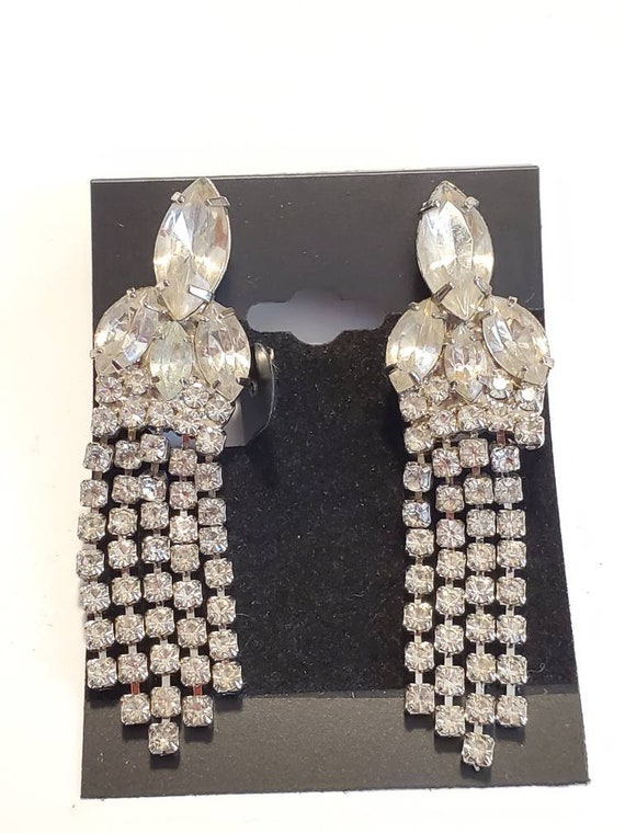 Rhinestone Marquise Tassel Dangle Clip-On Earring - image 1