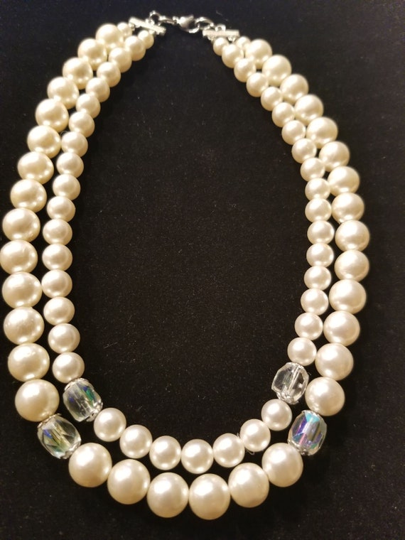 Vintage  Faux Pearl Double Strand Rhinestone Chok… - image 1