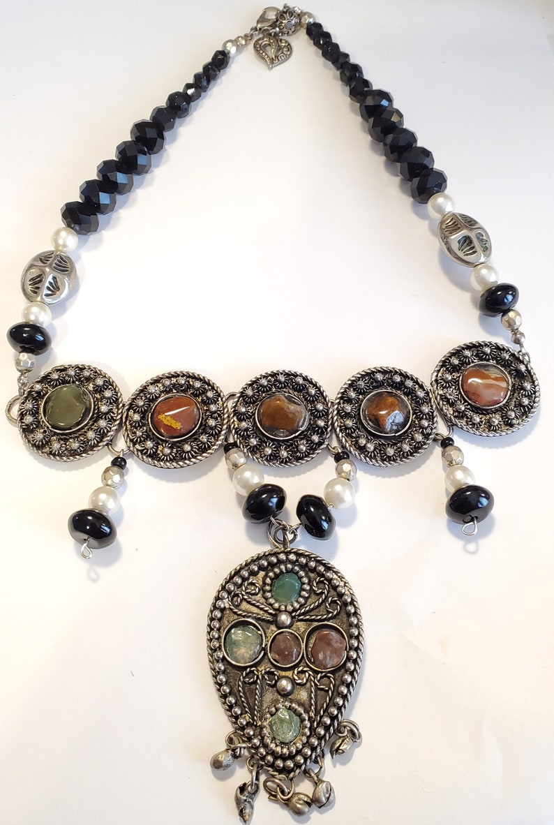 Up Cycled Vintage Black Bead Agate Gemstone Silver Tone Metal Necklace