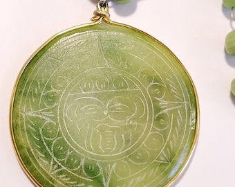 Opal Green Peruvian Crystal Natural Mineral Pendant w/ Inca Carved Sun God Silver Chain Necklace